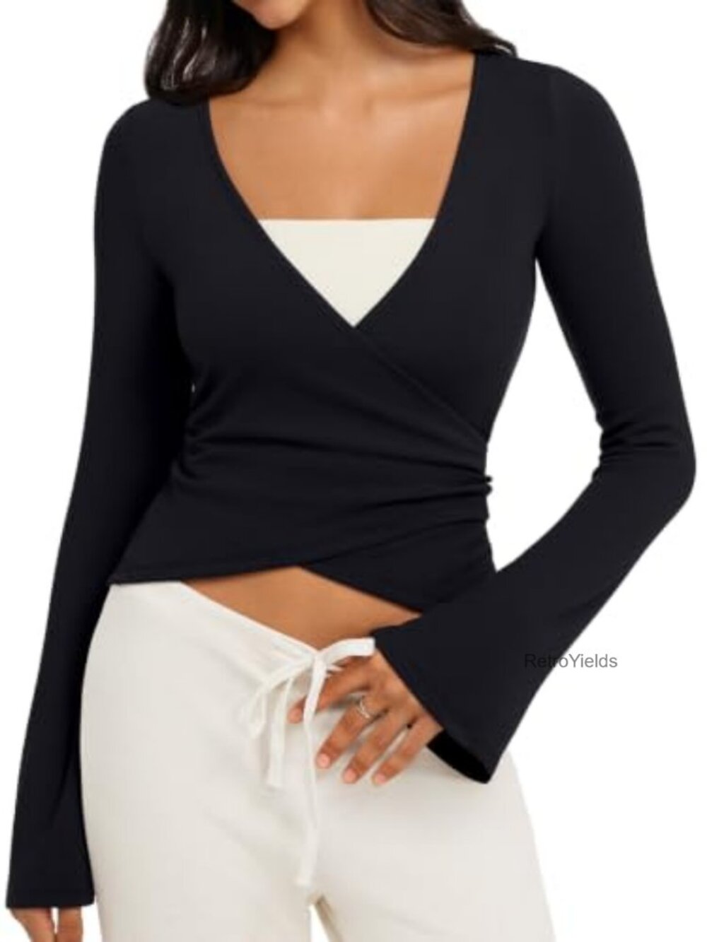 Women's V-Neck Tie Back Crop Cardigan Bell Sleeve Knit Shrug